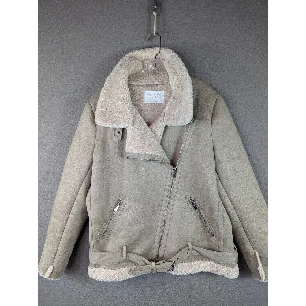 Zara Faux Leather‎ Fleece Coat Womens XL Double Faced Biker Aviator Jacket Boho - Picture 4 of 13